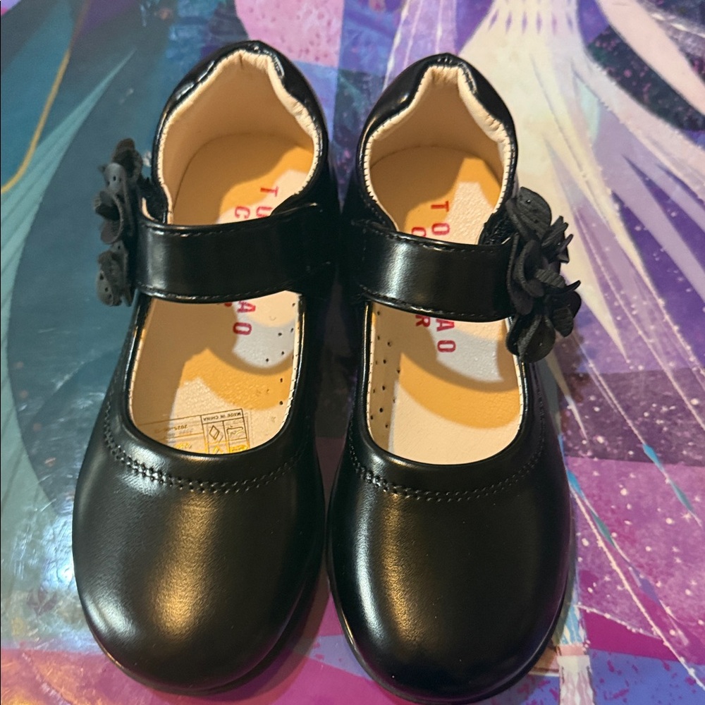 Black Kids Shoes with Floral Accent